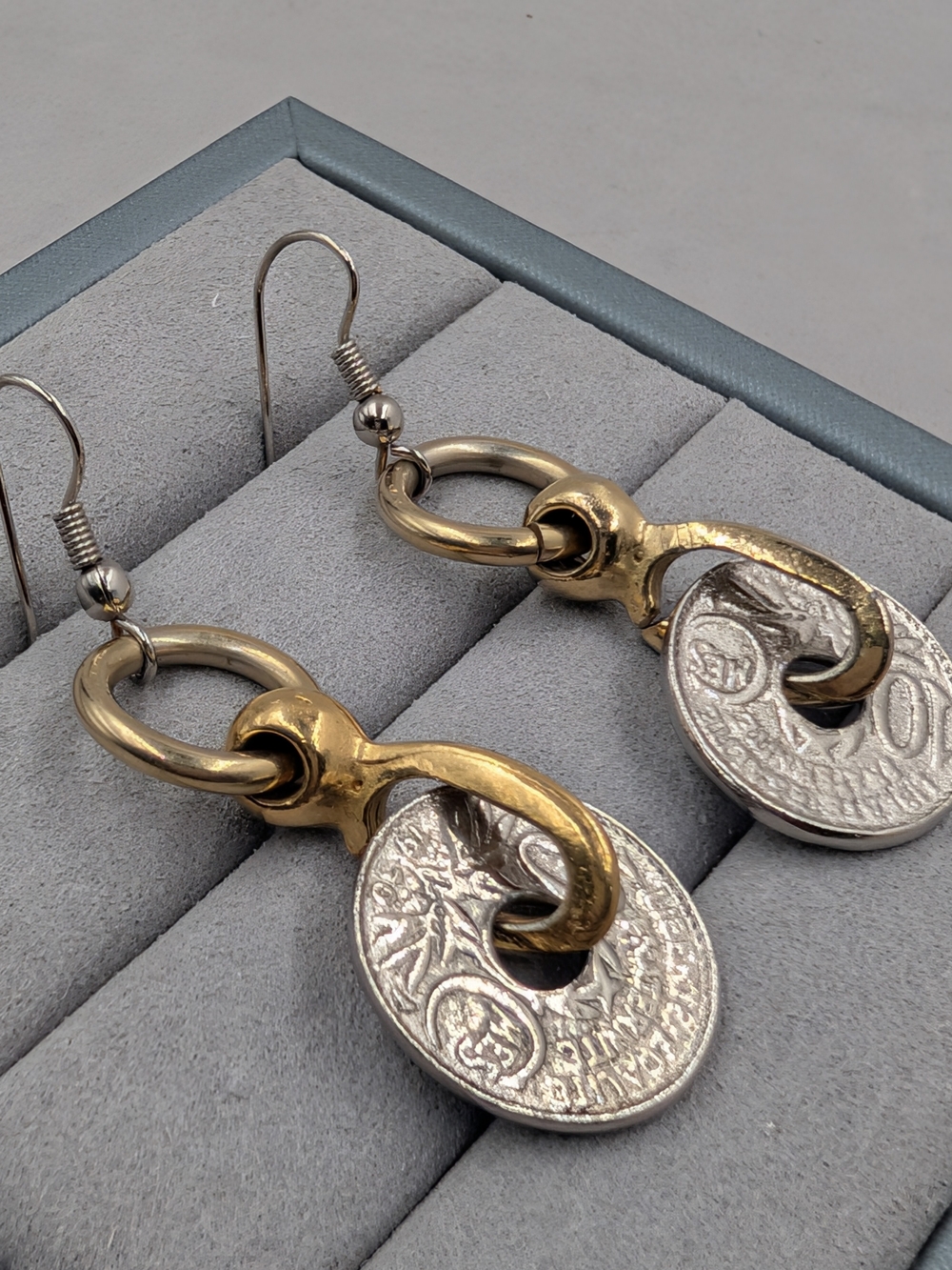 Gold and Silver Coin Drop Hoop Earrings